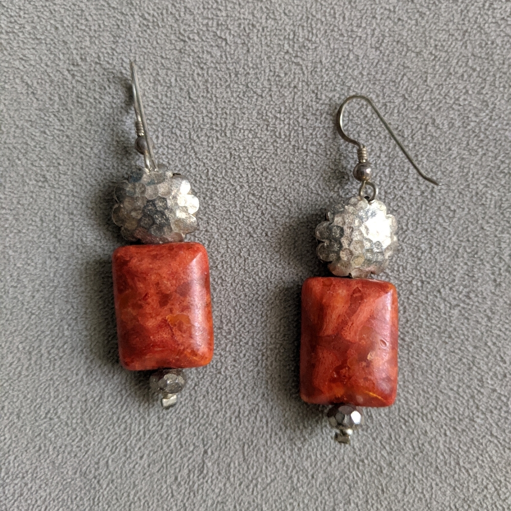 Sterling silver and red apple coral dangly hook earrings